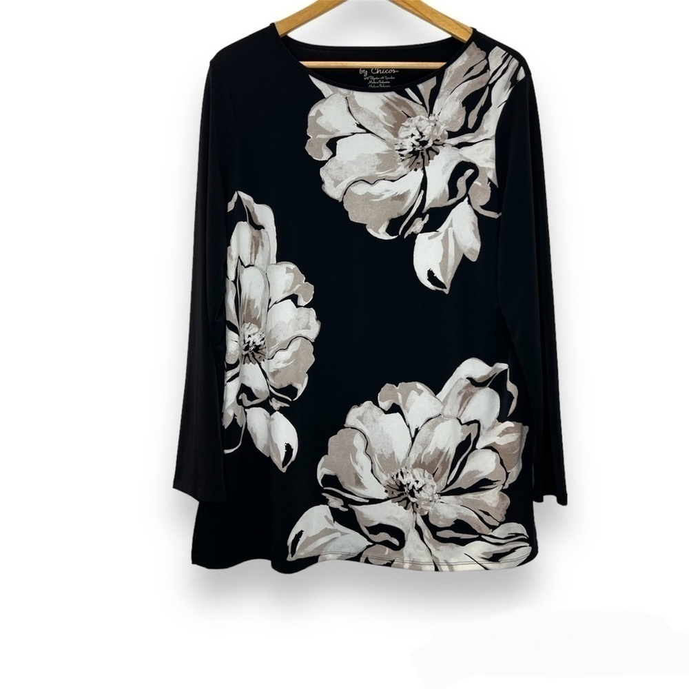 Chico’s Stamped Blooms Tunic Floral Top Women’s‎ 2 L/12